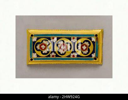 Art inspired by Plaque from a Reliquary, early 13th century, Made in Cologne, Germany, German, Champlevé and cloisonné enamel, copper-gilt, Overall: 3 1/2 x 1 5/8 x 3/8 in. (8.9 x 4.1 x 0.9 cm), Enamels, Workshop of Master of the Virgin Mary's Reliquary Casket (German, Aachen, Classic works modernized by Artotop with a splash of modernity. Shapes, color and value, eye-catching visual impact on art. Emotions through freedom of artworks in a contemporary way. A timeless message pursuing a wildly creative new direction. Artists turning to the digital medium and creating the Artotop NFT Stock Photo