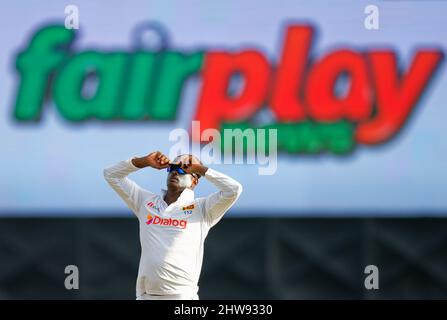 Angelo Mathews of Sri Lanka reacts during Sri Lanka vs West Indies test cricket match, 2021 Stock Photo