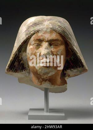 Art inspired by Head of a statue of an older man, Old Kingdom, Dynasty 4–5, ca. 2550–2460 B.C., From Egypt, Limestone, paint, 4 x 4 3/16 x 3 3/8 in. (10.2 x 10.7 x 8.5 cm), The small head was probably part of a standing statue with a back pillar. Narrow eyes, the remains of a jutting, Classic works modernized by Artotop with a splash of modernity. Shapes, color and value, eye-catching visual impact on art. Emotions through freedom of artworks in a contemporary way. A timeless message pursuing a wildly creative new direction. Artists turning to the digital medium and creating the Artotop NFT Stock Photo