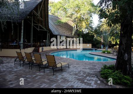 Private swimming pool at the Chobe Safari Lodge in Botswana ideally situated for game drives and photographic safaris Stock Photo