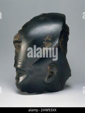 Art inspired by Fragment of a Royal Head, Probably Apries, Late Period, Saite, Dynasty 26, 589–570 B.C., From Egypt, Black diorite, H.30 × W. 21.3 × D. 12.9 cm (11 13/16 × 8 3/8 × 5 1/16 in.), Although in fragmentary condition, this piece is a royal image of the highest artistic, Classic works modernized by Artotop with a splash of modernity. Shapes, color and value, eye-catching visual impact on art. Emotions through freedom of artworks in a contemporary way. A timeless message pursuing a wildly creative new direction. Artists turning to the digital medium and creating the Artotop NFT Stock Photo
