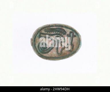 Art inspired by Scarab Inscribed With a Wedjat Eye and a Nefer Hieroglyph, Late Second Intermediate Period–Early New Kingdom, Dynasty 17–Early Dynasty 18, ca. 1635–1458 B.C., From Egypt, Upper Egypt, Thebes, Asasif, Tomb CC 46, Burial 1, Carnarvon excavations, 1912, Blue glazed, Classic works modernized by Artotop with a splash of modernity. Shapes, color and value, eye-catching visual impact on art. Emotions through freedom of artworks in a contemporary way. A timeless message pursuing a wildly creative new direction. Artists turning to the digital medium and creating the Artotop NFT Stock Photo