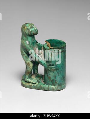 Art inspired by Kohl Tube in the Shape of a Monkey Holding a Vessel, New Kingdom, Dynasty 18, early, ca. 1550–1450 B.C., From Egypt, Steatite (glazed), h. 6 cm (2 3/8 in); w. 4.1 cm (1 5/8 in), The Egyptians' use of eye cosmetics to enhance beauty and for prophylactic purposes is well, Classic works modernized by Artotop with a splash of modernity. Shapes, color and value, eye-catching visual impact on art. Emotions through freedom of artworks in a contemporary way. A timeless message pursuing a wildly creative new direction. Artists turning to the digital medium and creating the Artotop NFT Stock Photo