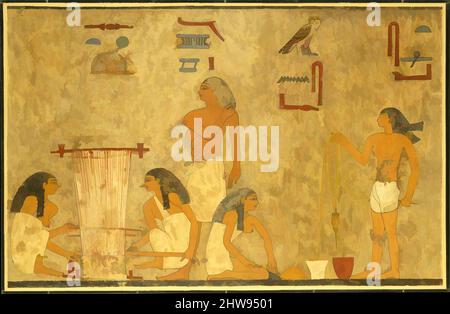 Art inspired by Weavers, Tomb of Khnumhotep, Middle Kingdom, Dynasty 12, ca. 1897–1878 B.C., Original from Egypt, Middle Egypt, Beni Hasan, Tomb of Khnumhotep (Tomb 3), Paper, tempera paint, ink, facsimile: h. 66.5 cm (26 3/16 in); w. 103.5 cm (40 3/4 in), Norman de Garis Davies (1865–, Classic works modernized by Artotop with a splash of modernity. Shapes, color and value, eye-catching visual impact on art. Emotions through freedom of artworks in a contemporary way. A timeless message pursuing a wildly creative new direction. Artists turning to the digital medium and creating the Artotop NFT Stock Photo