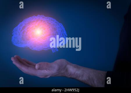 Brain hologram. Virtual 3D digital hologram of brain in the hands of a human scientist or user. Augmented reality, diagnostic technology, science of the future concept. High quality photo Stock Photo