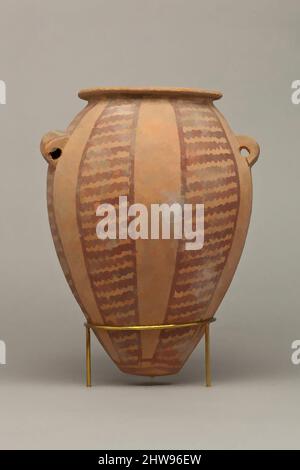 Art inspired by Decorated ware jar with vertical bands of wavy lines, Predynastic Period, ca. 3850–2960 B.C., From Egypt, Pottery, paint, Classic works modernized by Artotop with a splash of modernity. Shapes, color and value, eye-catching visual impact on art. Emotions through freedom of artworks in a contemporary way. A timeless message pursuing a wildly creative new direction. Artists turning to the digital medium and creating the Artotop NFT Stock Photo