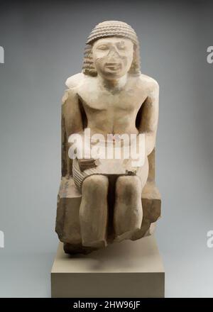 Art inspired by Seated Statue of the Nomarch Idu II of Dendera, Old Kingdom, Dynasty 6, ca. 2246–2152 B.C., From Egypt, Northern Upper Egypt, Dendera, Tomb of Idu II, Pit, Egypt Exploration Fund excavations, 1898, Limestone, traces of pigment, H: 60.5 cm (23 13/16 in.), Discovered in, Classic works modernized by Artotop with a splash of modernity. Shapes, color and value, eye-catching visual impact on art. Emotions through freedom of artworks in a contemporary way. A timeless message pursuing a wildly creative new direction. Artists turning to the digital medium and creating the Artotop NFT Stock Photo