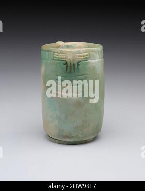Art inspired by Jar with decorated rim, swivel, and knob, Late Period–Ptolemaic Period, 664–30 B.C., From Egypt, Faience, h. 7.5 cm (2 15/16 in.); diam. 5.5 cm (2 3/16 in.), The color of this cylindrical vessel suggests a Late Period or Ptolemaic Period date. In a thickening on one, Classic works modernized by Artotop with a splash of modernity. Shapes, color and value, eye-catching visual impact on art. Emotions through freedom of artworks in a contemporary way. A timeless message pursuing a wildly creative new direction. Artists turning to the digital medium and creating the Artotop NFT Stock Photo