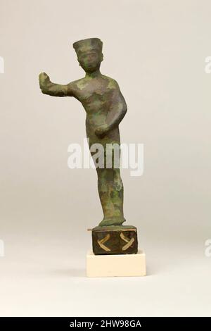 Art inspired by Statuette of Amenopet naming the provider/beneficiary Amenirdis son of Horiaa, Third Intermediate Period–Late Period, ca. 800–595 B.C., From Egypt, cuperous metal, precious metal inlay, H. without tang 17.1 cm (6 3/4 in.); W. 6.9 cm (2 11/16 in.); D. 4.7 cm (1 7/8 inl, Classic works modernized by Artotop with a splash of modernity. Shapes, color and value, eye-catching visual impact on art. Emotions through freedom of artworks in a contemporary way. A timeless message pursuing a wildly creative new direction. Artists turning to the digital medium and creating the Artotop NFT Stock Photo