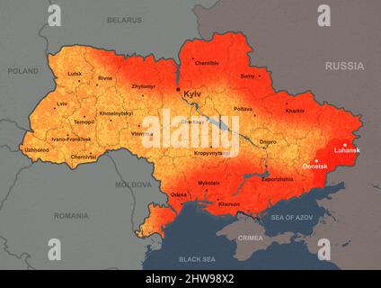 War in Ukraine concept, Russian invasion on military-political map. Territory of Ukraine on Europe map during Russia-Ukraine conflict. Ukrainian borde Stock Photo