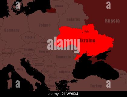 War in Ukraine concept, Russia and Ukraine on Europe outline map. Ukraine territory and Russian border on political map with Belarus, Poland, Romania, Stock Photo