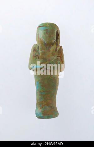 Art inspired by Worker Shabti of Henettawy (C), Daughter of Isetemkheb, Third Intermediate Period, Dynasty 21, ca. 990–970 B.C., From Egypt, Upper Egypt, Thebes, Deir el-Bahri, Tomb, Chamber B, Burial of Henettawy C (4), 1923–24, Faience, H. 12.2 x W. 4.6 x D. 3.5 cm (4 13/16 x 1 13/16, Classic works modernized by Artotop with a splash of modernity. Shapes, color and value, eye-catching visual impact on art. Emotions through freedom of artworks in a contemporary way. A timeless message pursuing a wildly creative new direction. Artists turning to the digital medium and creating the Artotop NFT