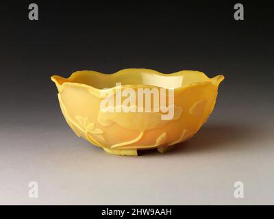 Art inspired by Bowl in the shape of a lotus leaf, Qing dynasty (1644–1911), late 18th–early 19th century, China, Glass with carved and incised decoration, H. 2 3/4 in. (7 cm); Diam. 6 in. (15.2 cm); Diam. of rim 6 1/2 in. (16.5 cm), Glass, Known as “chicken fat,” the translucent, Classic works modernized by Artotop with a splash of modernity. Shapes, color and value, eye-catching visual impact on art. Emotions through freedom of artworks in a contemporary way. A timeless message pursuing a wildly creative new direction. Artists turning to the digital medium and creating the Artotop NFT Stock Photo