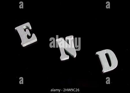 End 3d letters nostalgic word, black and white Stock Photo