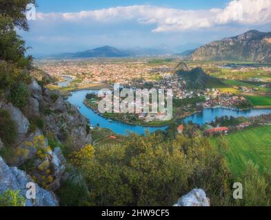 A beautiful panorama of the Dalyan river valley with a view of the town, mountains and river from the view point of the ancient city of Kaunos Stock Photo