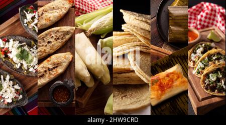 Collage of different assortment of mexican street food made with corn. Tlacoyos, Tortillas, Tamales, Tacos de suadero Stock Photo