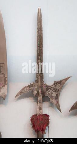 Art inspired by Halberd of Archduke Ferdinand II of Austria (1578–1637, Emperor from 1619), dated 1598, German, Steel, wood, textile, L. 99 1/2 in. (252.7 cm); L. of head (excluding straps) 24 1/4 in. (61.6 cm); W. 12 7/8 in. (32.7 cm); Wt. 6 lb. 1 oz. (2750 g), Shafted Weapons, Classic works modernized by Artotop with a splash of modernity. Shapes, color and value, eye-catching visual impact on art. Emotions through freedom of artworks in a contemporary way. A timeless message pursuing a wildly creative new direction. Artists turning to the digital medium and creating the Artotop NFT Stock Photo