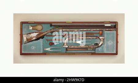 Art inspired by Cased Set of a Flintlock Rifle, a Pair of Pistols, and Accessories, ca. 1800, Versailles, French, Versailles, Steel, wood (walnut, mahogany), silver, gold, horn, velvet, L. of rifle 43 1/2 in. (110.5 cm); L. of barrel of rifle 27 5/8 in. (70.2 cm); Cal. of rifle .64 in, Classic works modernized by Artotop with a splash of modernity. Shapes, color and value, eye-catching visual impact on art. Emotions through freedom of artworks in a contemporary way. A timeless message pursuing a wildly creative new direction. Artists turning to the digital medium and creating the Artotop NFT Stock Photo
