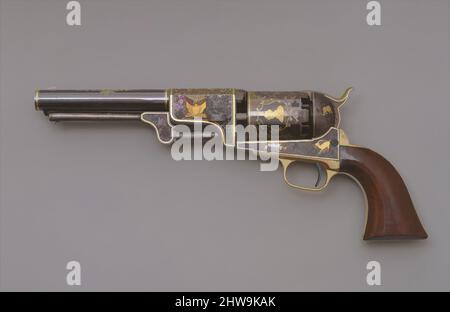 Art inspired by Colt Third Model Dragoon Percussion Revolver, Serial Number 12406, ca. 1853, Hartford, Connecticut, American, Hartford, Connecticut, Steel, brass, gold, wood (walnut), L. 14 in. (35.6 cm); L. of barrel 7 1/2 in. (19.1 cm); Cal. .44 in. (11.2 mm); case; H. 3 in. (7.6 cm, Classic works modernized by Artotop with a splash of modernity. Shapes, color and value, eye-catching visual impact on art. Emotions through freedom of artworks in a contemporary way. A timeless message pursuing a wildly creative new direction. Artists turning to the digital medium and creating the Artotop NFT Stock Photo