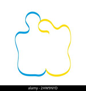 Pray for peace Ukraine. Line creating hug drawing. Man and woman in the colors of the national flag, yellow and blue Stock Vector