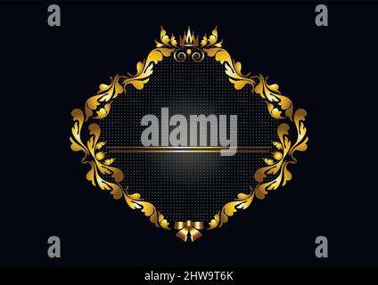 Beautiful golden wreath of swirling petals with golden crown and bow and check pattern with center lighting on black background Stock Vector