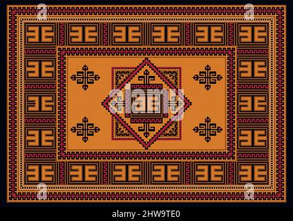 Vintage original motley carpet in burgundy and yellow shades with brown and black zigzag patterns on a black background Stock Vector