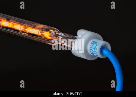 Detail of hot resistance wire in hollow glass tube with blue cable on a black background. Flow of electrical current through coiled metal conductor. Stock Photo