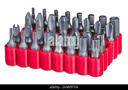 Kit of steel torx pozidrive or hex screw drive bits in red box isolated on white background. Different replaceable star screwdrivers in plastic holder. Stock Photo