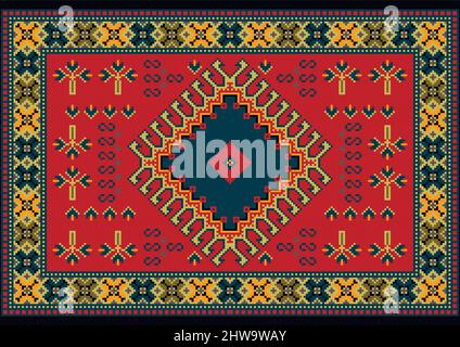Colorful vintage carpet in red shades with a blue middle with beige, yellow, black and dirty green patterns on the edges and a red rhombus in the cent Stock Vector