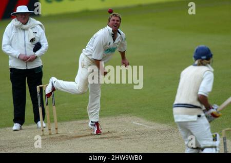 Hampshires Shane Warne  bowling to Chad Keegan at the Rose Bowl. Stock Photo