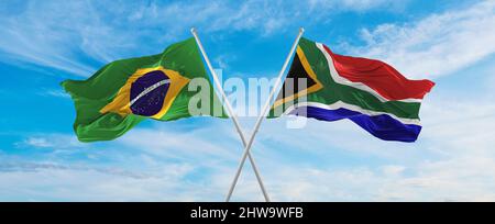 crossed national flags of Brazil and south korea flag waving in the ...