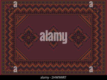 Vintage rug in burgundy shades with dark blue, brown and beige patterns along the edges and ornaments in the center on a black background. Stock Vector