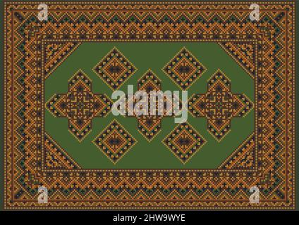 Vintage rug in green tones with dark blue, brown and beige patterns around the edges and an ornament in the center on a green background. Stock Vector