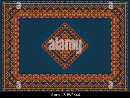 Colorful vintage rug in shades of blue with red, beige and brown patterns around the edges and a beautiful rhombus in the center on a blue background Stock Vector