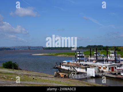 River Front Park in Memphis, Tennessee serves as the port for the paddlewheel boats that provide tours and cruises up and down the Mississippi River. Stock Photo