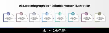 8 Steps Infographics Design Template - Graph, Pie chart, workflow layout, squire diagram, brochure, report, presentation, web design elements Stock Vector