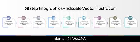 9 Steps Infographics Design Template - Graph, Pie chart, workflow layout, squire diagram, brochure, report, presentation, web design elements Stock Vector