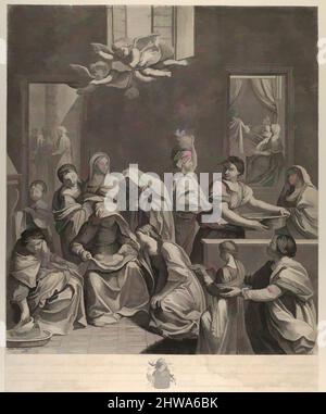 Art inspired by Drawings and Prints, Print, The birth of the Virgin; woman seated with an infant in her lap, numerous women surrounding her, Classic works modernized by Artotop with a splash of modernity. Shapes, color and value, eye-catching visual impact on art. Emotions through freedom of artworks in a contemporary way. A timeless message pursuing a wildly creative new direction. Artists turning to the digital medium and creating the Artotop NFT Stock Photo