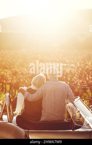 The vineyards are beautiful during fall. Rearview shot of a senior couple looking out over the winelands. Stock Photo