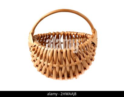 Round form small wicker basket isolated on white background. Stock Photo