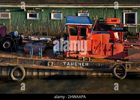 Old ship named Taucher on the Norderelbe, Germany, Hamburg Stock Photo