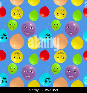 Seamless pattern with colorful and cheerful balloons flying against a blue sky background. Art design Stock Photo
