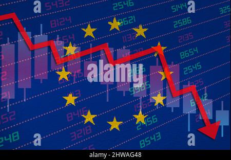 Economic crisis with stock market chart arrow down in red negative territory over European Union flag painted on wall. Business and financial money ma Stock Photo