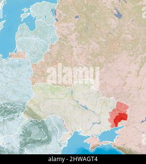Advancement of Russian troops on Ukrainian soil. Map of the war situation in Ukraine. Position of Russian troops. 3d rendering Stock Photo