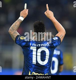 Milan, Italy. 4th Mar, 2022. FC Inter's Lautaro Martinez celebrates his goal during a Serie A football match between FC Inter and Salernitana in Milan, Italy, March 4, 2022. Credit: Str/Xinhua/Alamy Live News Stock Photo