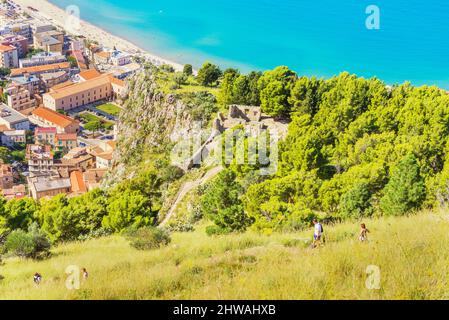 9th century temple of Diana, megalithic structure on slope of La Rocca, Cefalu, Sicily, Italy Stock Photo