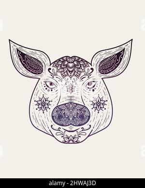 illustration vector pig head with mandala style Stock Vector