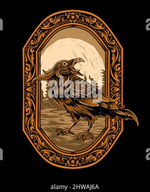 Illustration vector Crow bird with vintage engraving ornament on black background Stock Vector