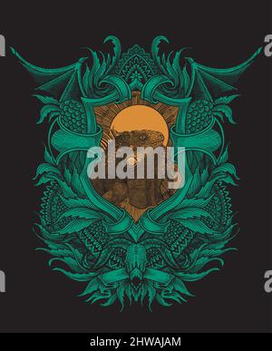 illustration vintage vector iguana with engraving ornament Stock Vector