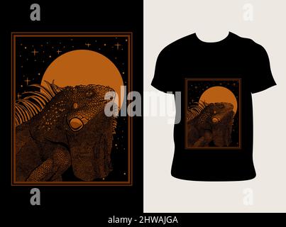 illustration vintage vector iguana with engraving style Stock Vector